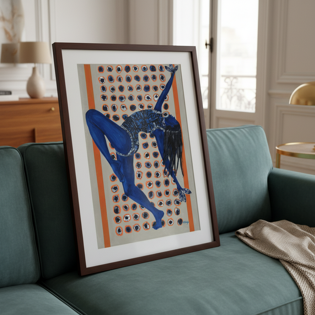 Indigo Rising framed art print in espresso frame, leaning against a sofa — Black woman dance art in indigo tones