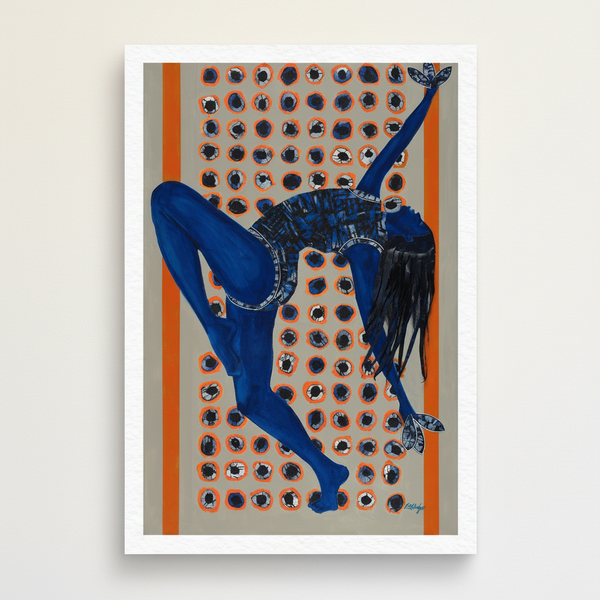 Indigo Rising framed art print — full artwork, Black woman dance art in indigo tones