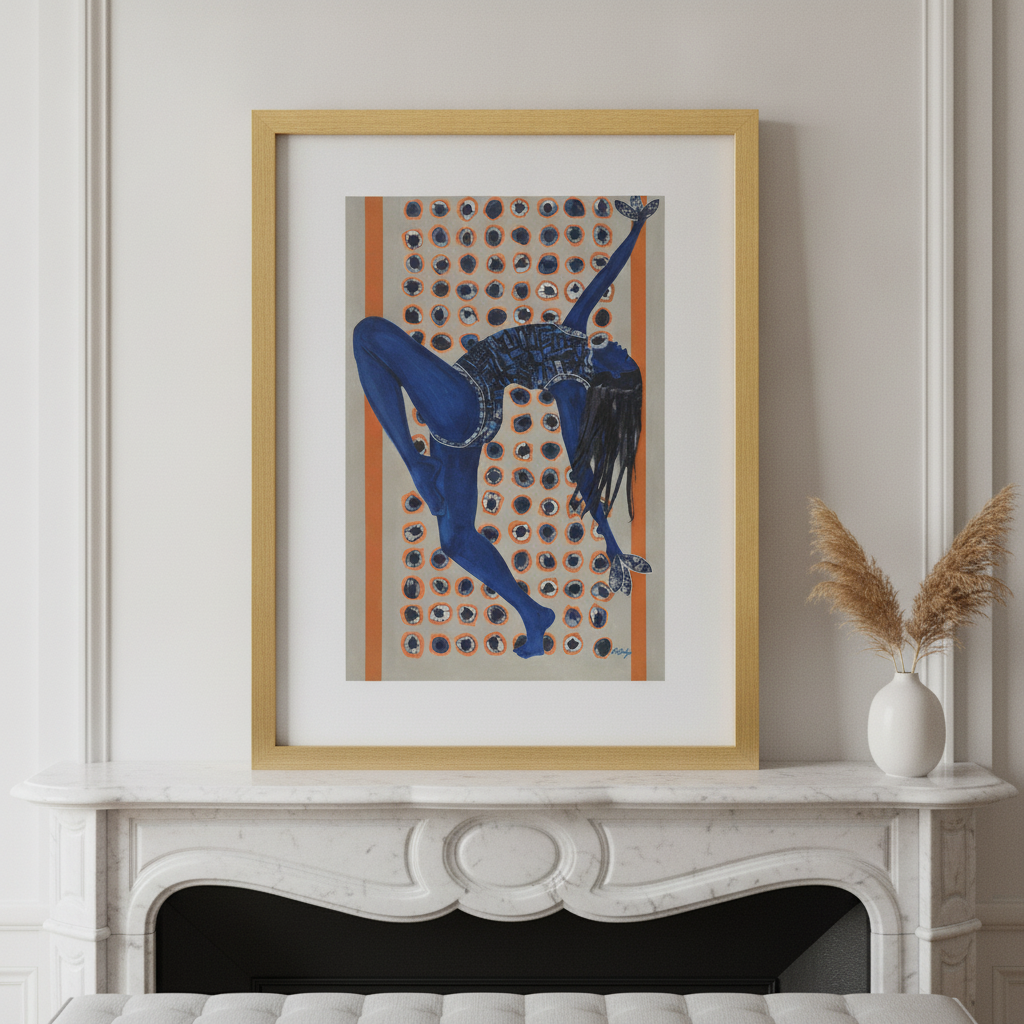 Indigo Rising framed art print in gold frame, mantel and bench close-up — Black woman dance art in indigo tones
