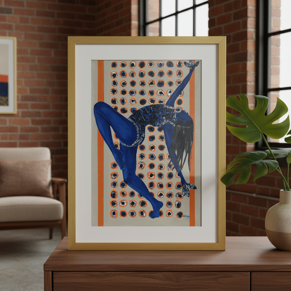 Indigo Rising framed art print in an industrial loft, credenza styling — Black woman dance art in indigo tones
