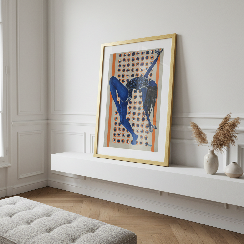 Indigo Rising framed art print on a shelf, oblique angle — Black woman dance art in indigo tones