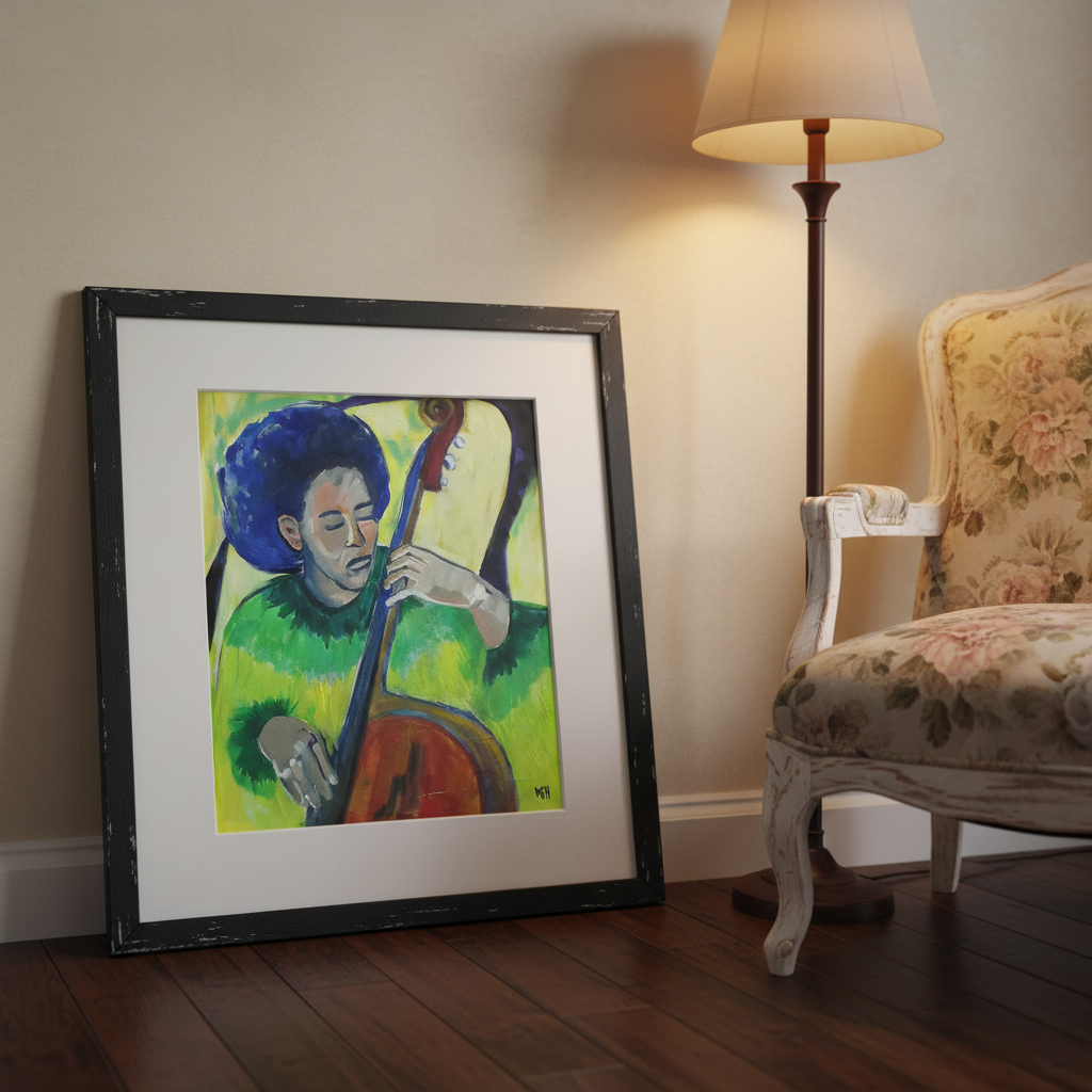 Framed artwork of a person playing a cello in a room with a lamp and chair.