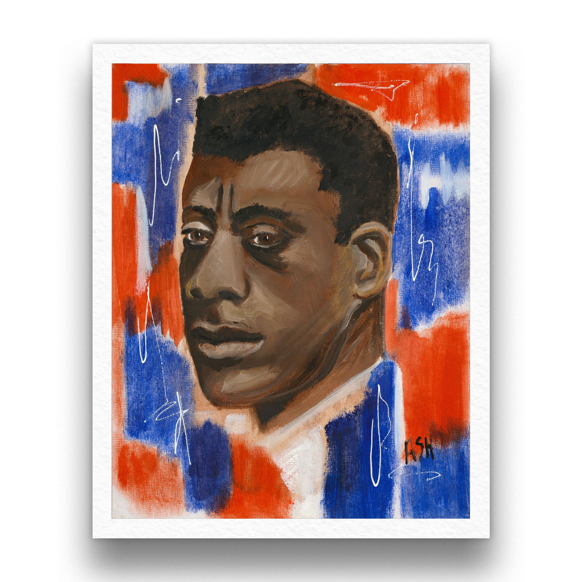 Fine art print 'Red, White & Blue - James Baldwin' by Antionette Simmons Hodges. A vibrant portrayal of writer James Baldwin using bold red, white, and blue colors, capturing his influential presence and impact on literature and civil rights.