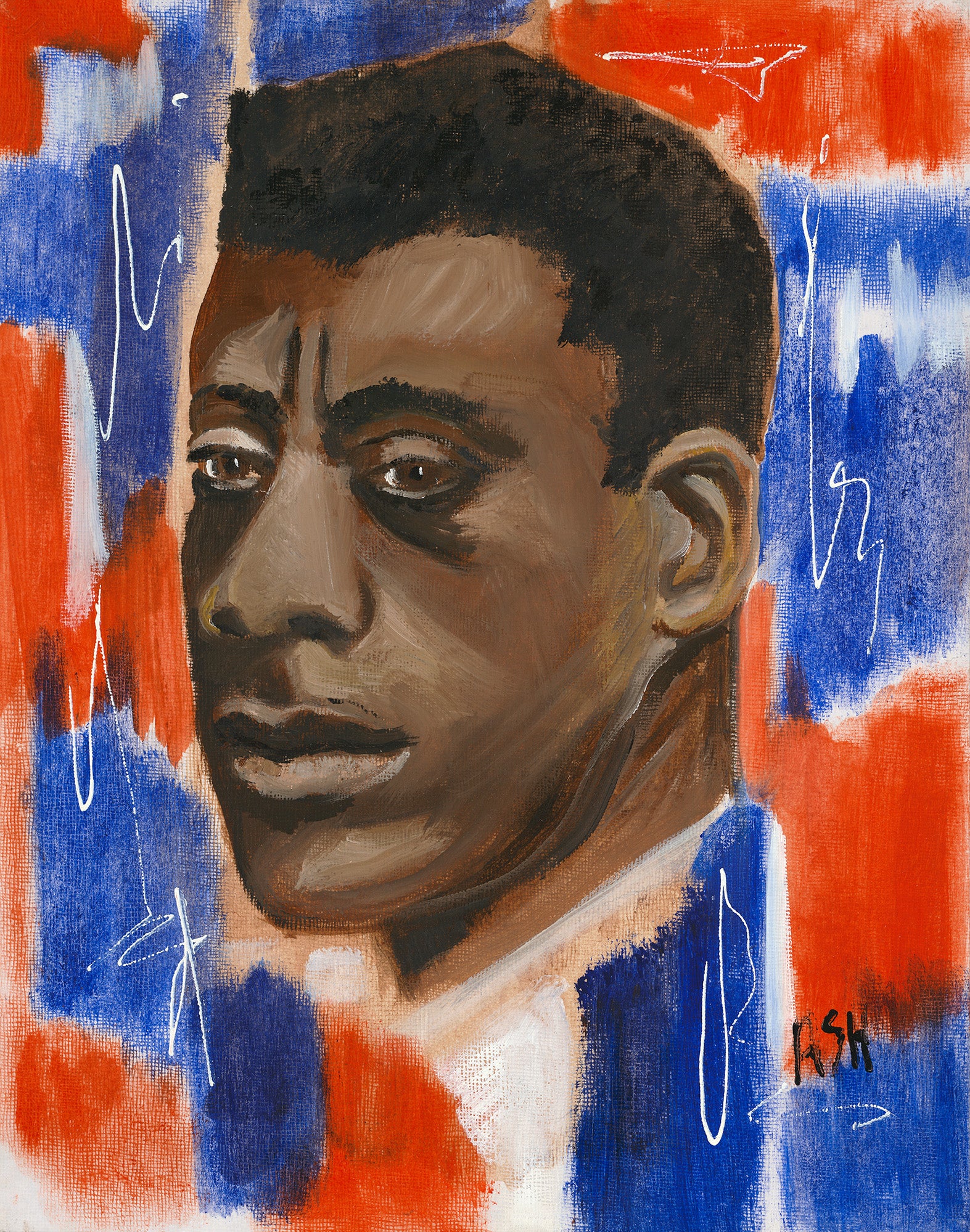 Artistic portrayal of James Baldwin, enveloped in dynamic red, white, and blue tones, symbolizing his influential role in literature and the civil rights movement. The piece embodies Baldwin's enduring legacy and powerful cultural impact.