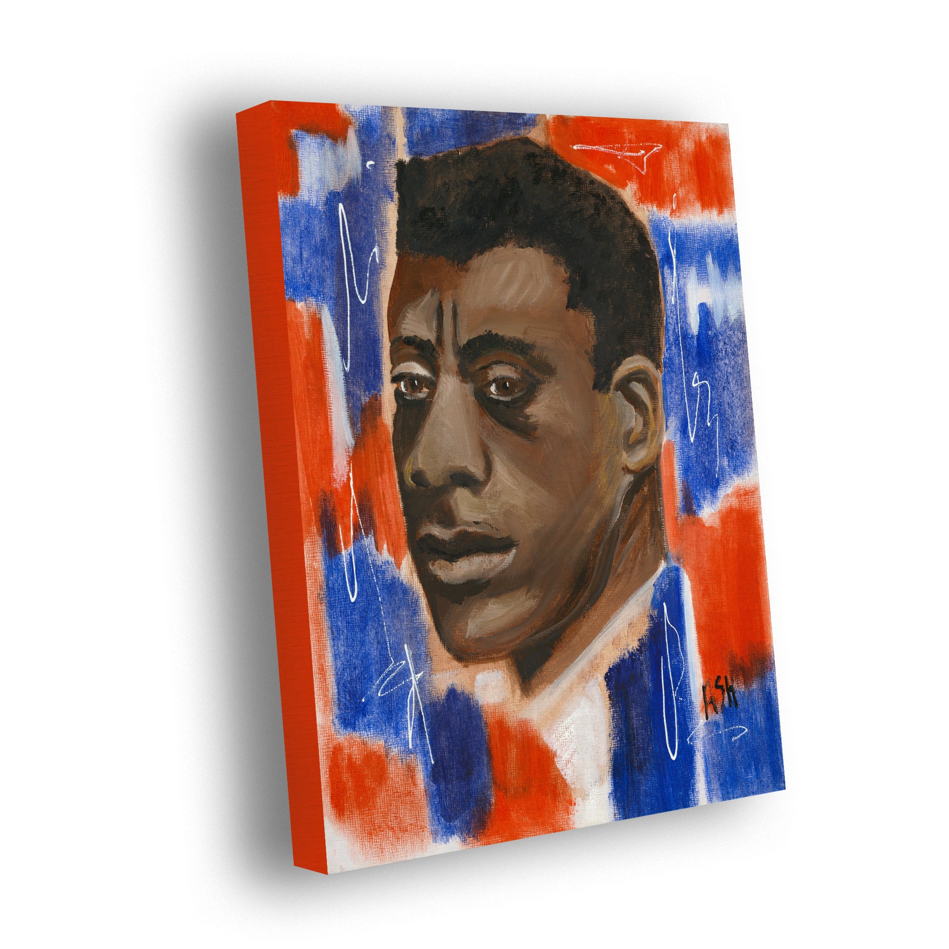 Stretched canvas print titled 'Red, White & Blues - James Baldwin' by Antionette Simmons Hodges. The artwork features a portrait of James Baldwin, depicted thoughtfully against a bold red, white, and blue background. These colors symbolize both patriotism and the emotional 'blues' of struggle and perseverance reflected in Baldwin's writings on racial inequality. The piece uses vivid colors and abstract strokes to honor Baldwin's impact on literature and the civil rights movement.