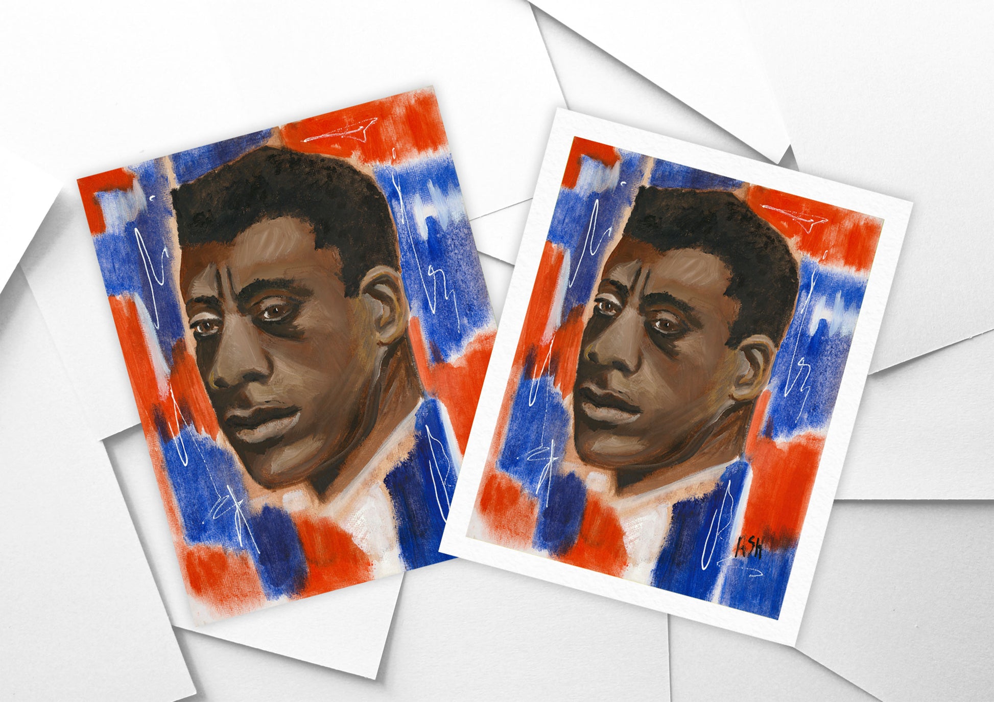 Portrait of James Baldwin surrounded by vibrant red, white, and blue hues, capturing the essence of his profound impact on literature and civil rights. The artwork reflects Baldwin's powerful presence and his enduring legacy in American culture.