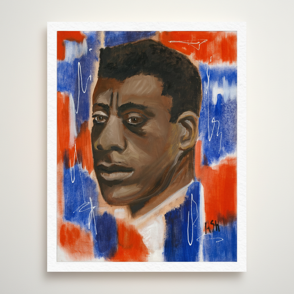 James Baldwin giclee print — full artwork, Black literary icon portrait on white cotton paper