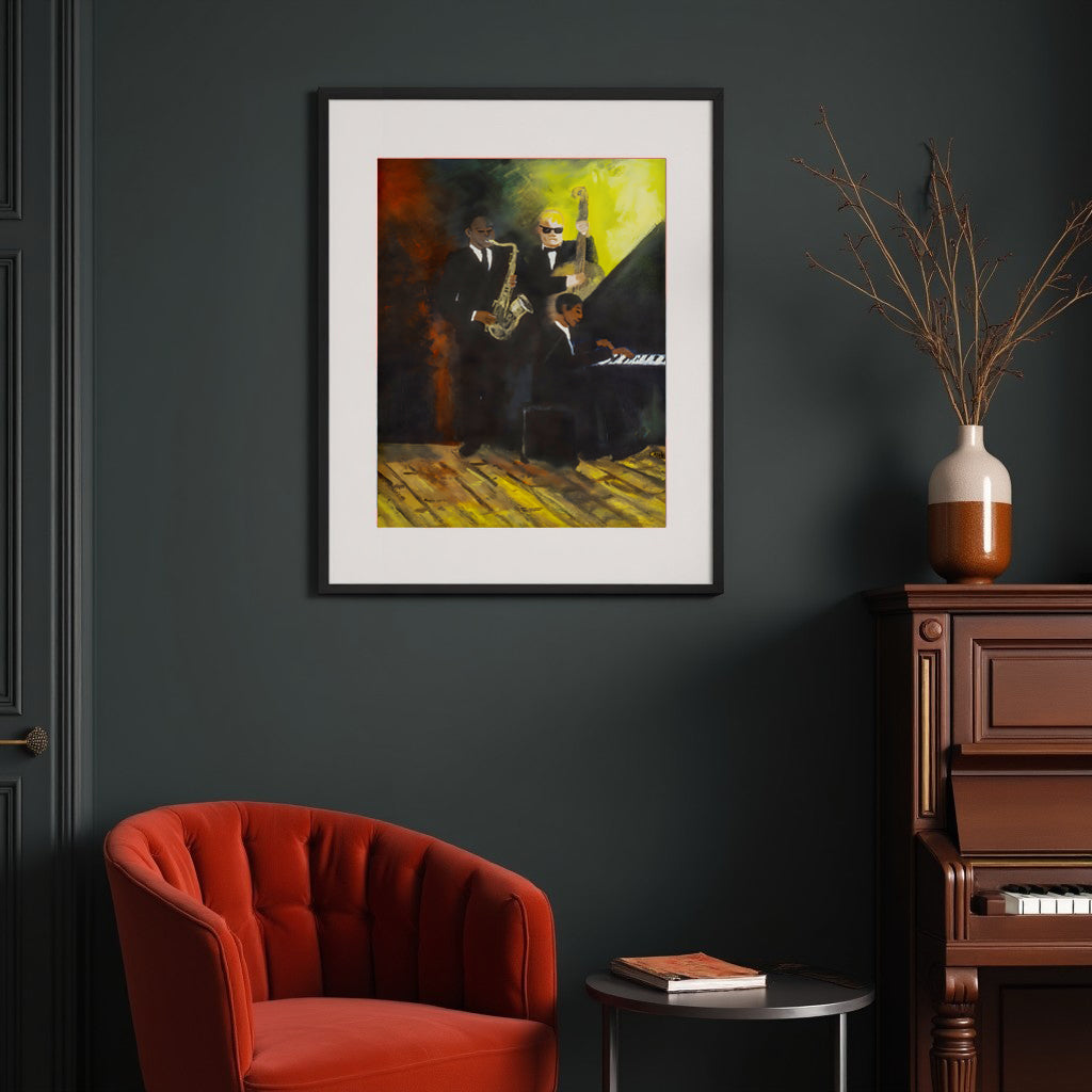 Framed painting of three black musicians playing in a band  