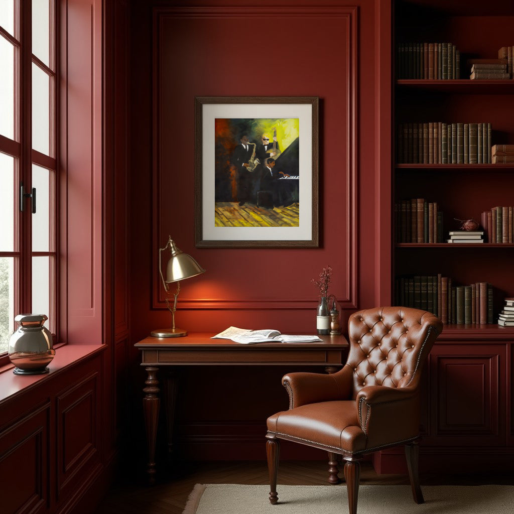 Cozy study room with red walls, a desk, chair, and bookshelf.