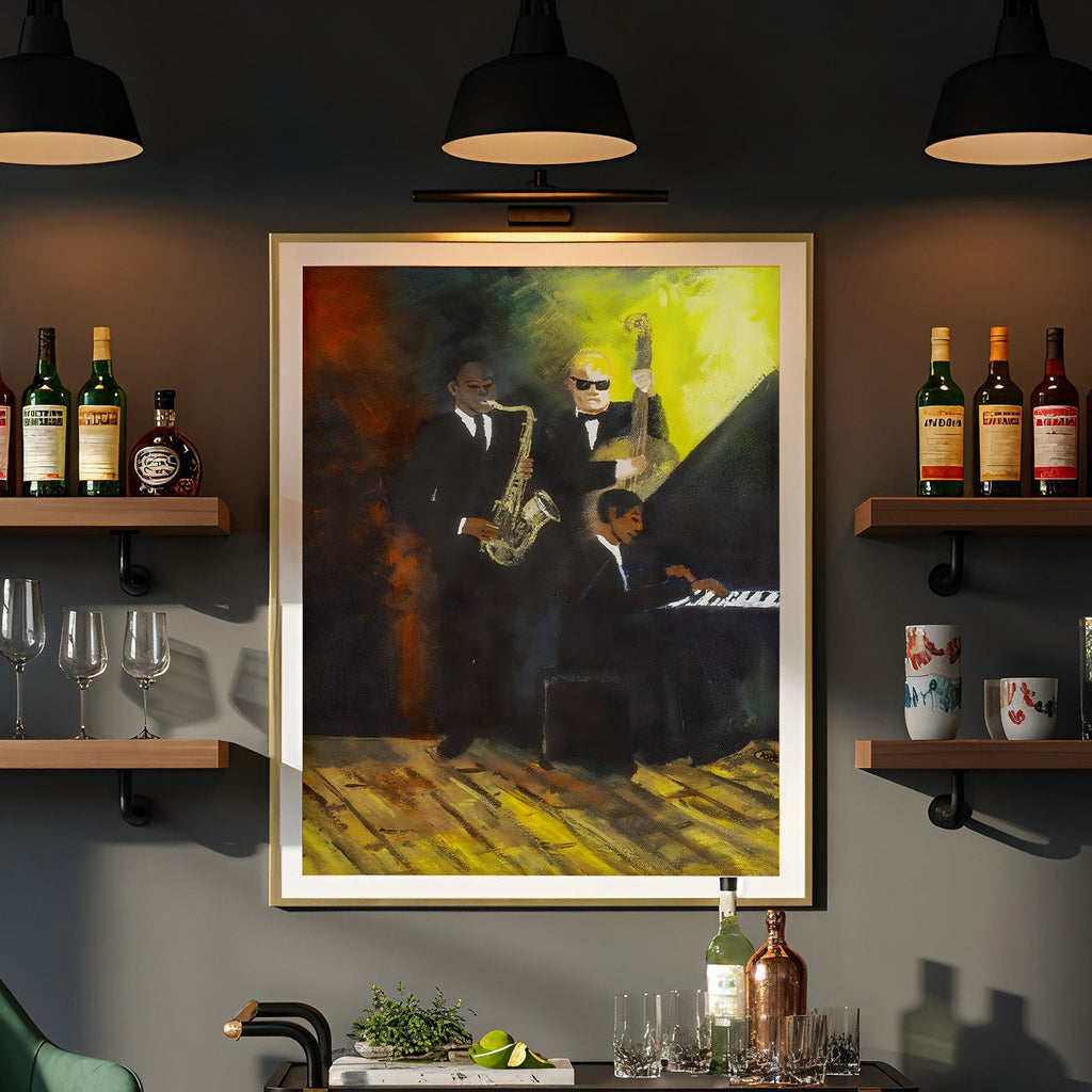 Modern bar setup with shelves, bottles, a black jazz themed painting, and a green chair.