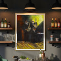 Modern bar setup with shelves, bottles, a black jazz themed painting, and a green chair.