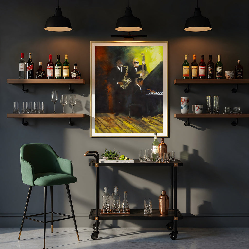 Modern bar setup with shelves, bottles, a framed jazz music print, and a green chair.