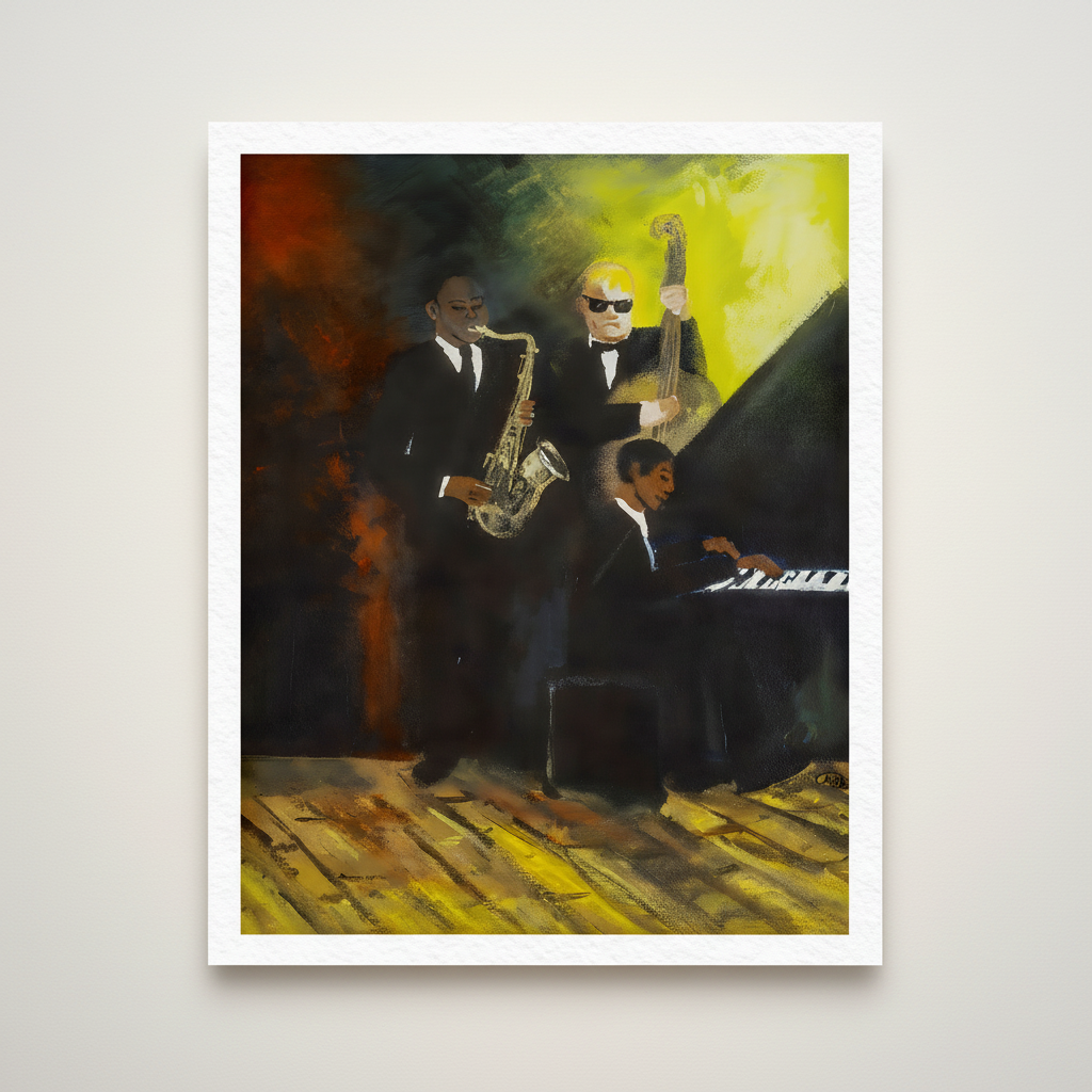 Jammin' framed giclee print — full artwork, Black jazz band art by Antionette Simmons Hodges