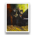 fine art print of three musicians playing instruments on a wooden floor.