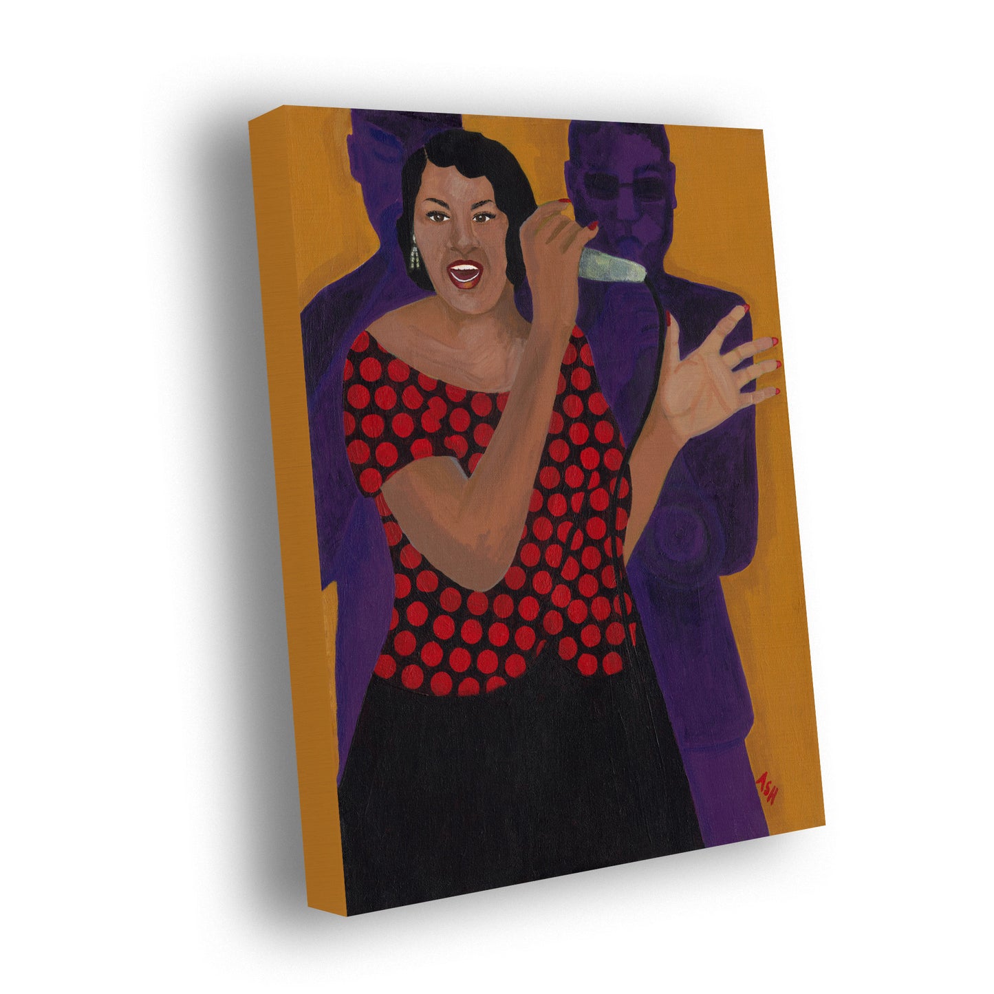 Stretched canvas print titled 'Jazz Singer' by Antionette Simmons Hodges. The artwork captures an African American woman in a red polka-dot dress, passionately singing with one hand raised and the other holding a microphone. Behind her are two purple silhouetted figures, one playing a horn instrument. The warm orange background contrasts with the cool purples, creating a dynamic, pulsating effect that reflects the essence of jazz music.