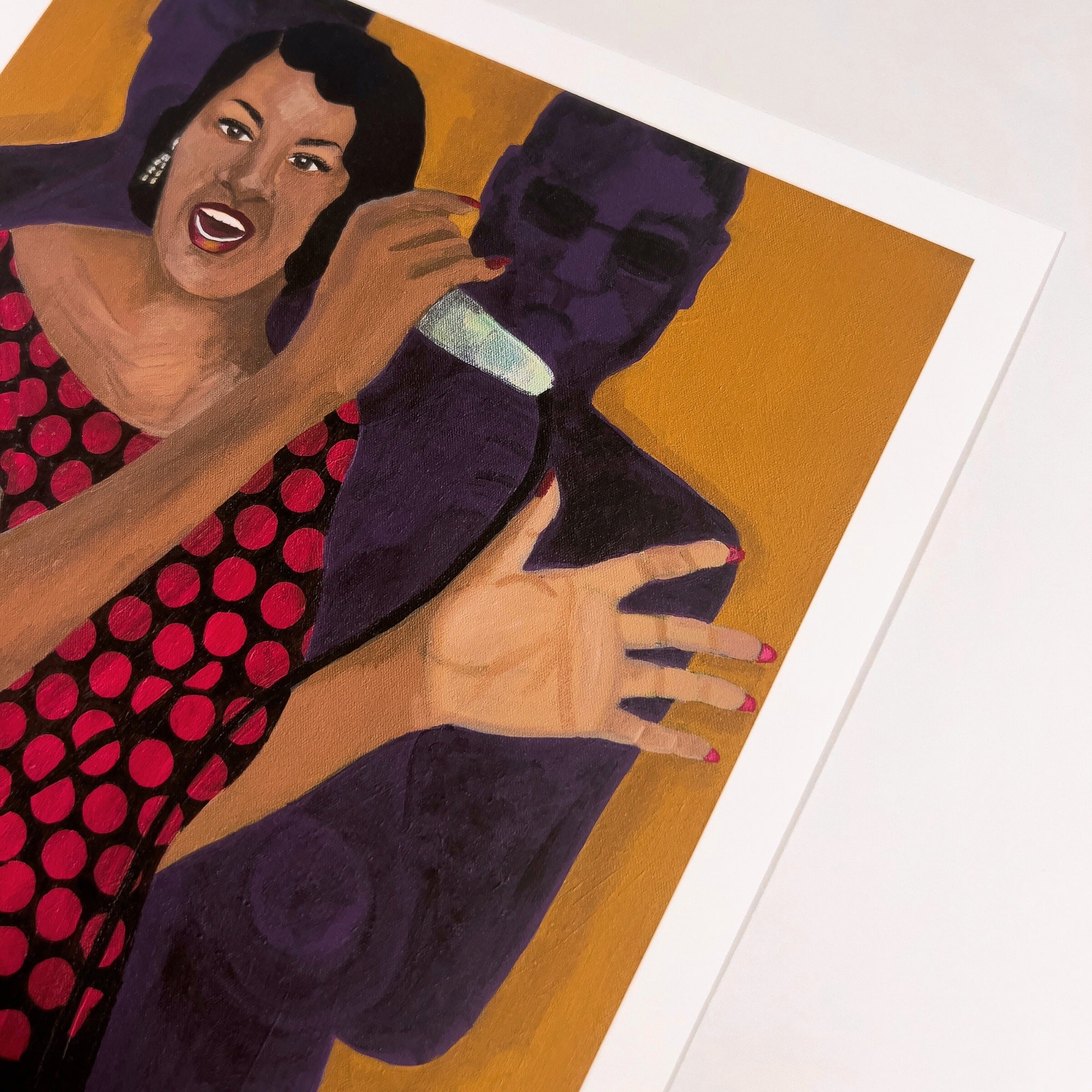 Artistic depiction of a woman in a polka dot dress holding a mask against a yellow background