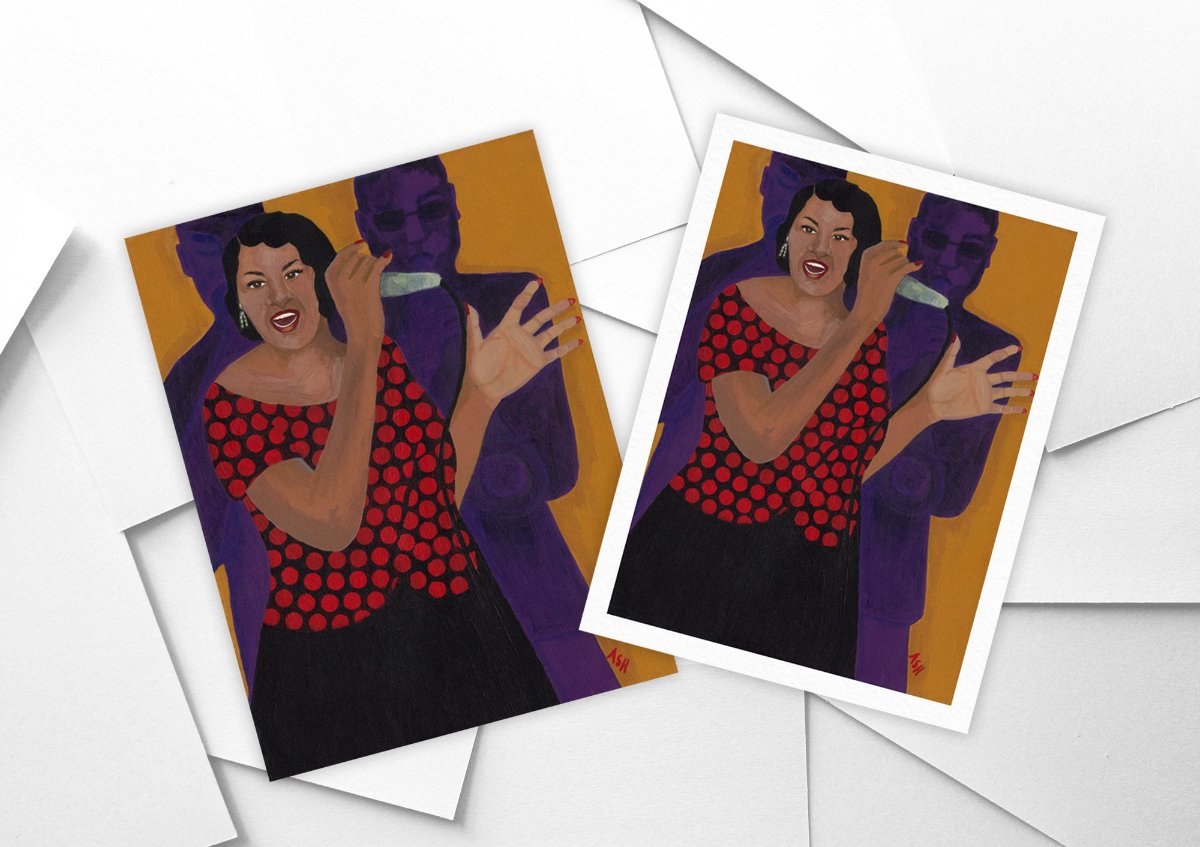 Jazz Singer Fine Art Prints available with or without border, 'Jazz Singer' art print: African American woman in a red polka-dot dress passionately singing, with one hand raised and a microphone in the other, accompanied by silhouetted musicians against a vibrant orange and purple background.