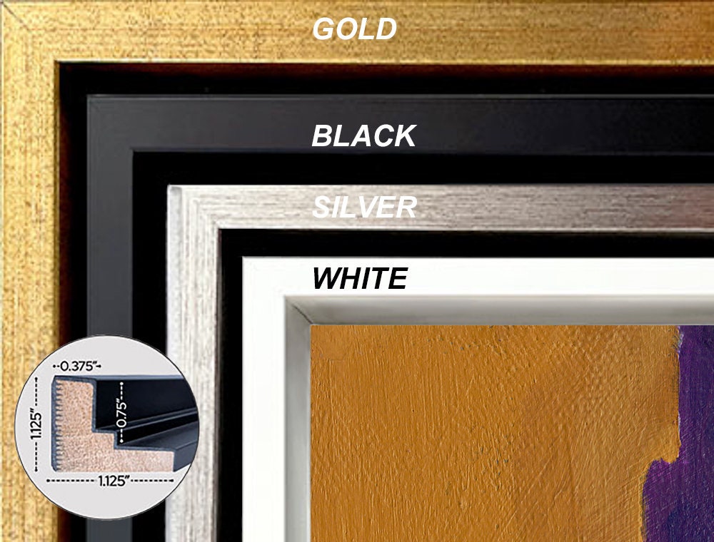 Jazz Singer Framed Stretched Canvas Print framed swatches showing gold, black, silver, and white wood.