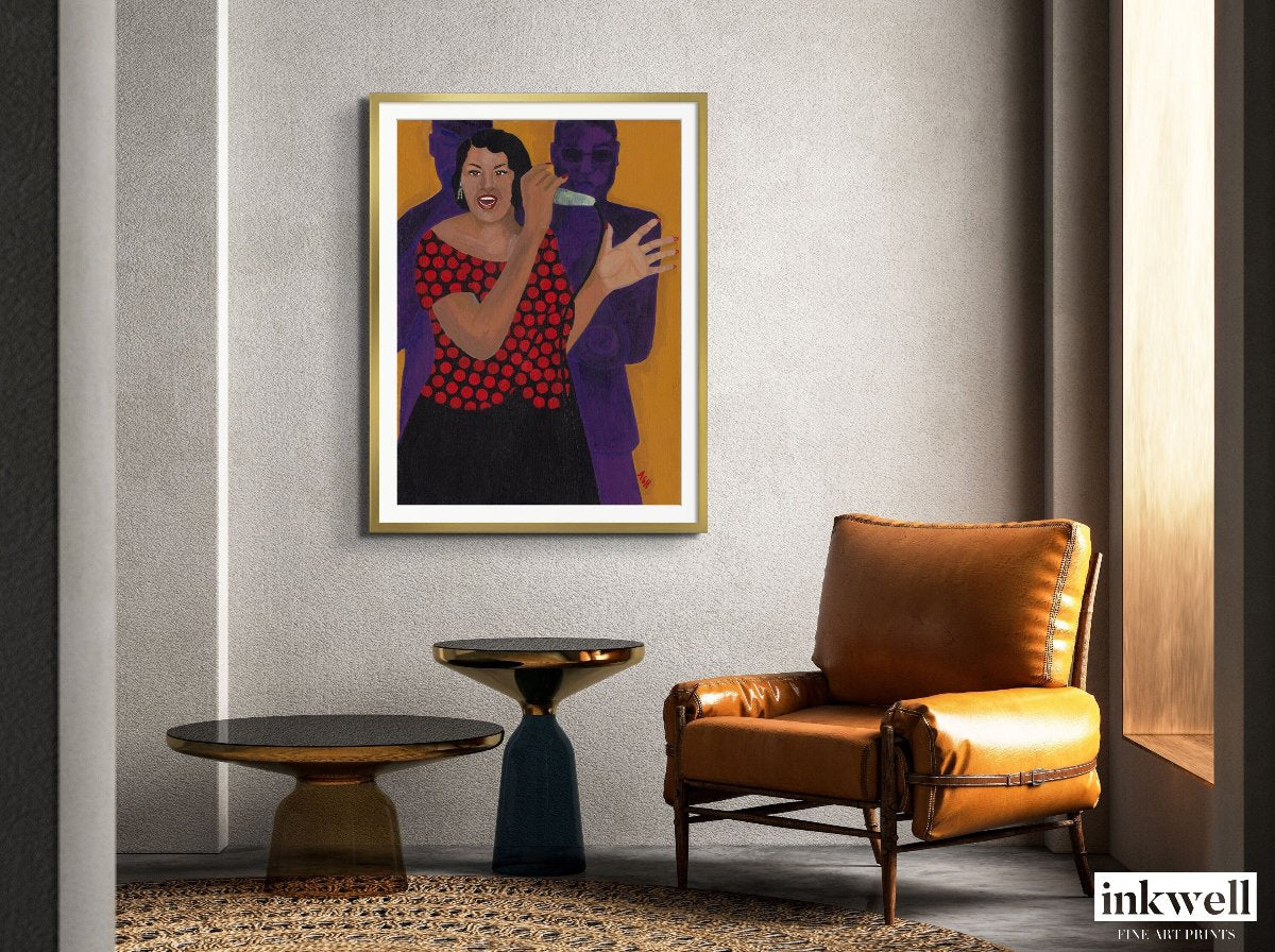 Jazz Singer' art print: African American woman in a red polka-dot dress, passionately singing with one hand raised and holding a microphone, accompanied by silhouetted musicians against a vibrant orange and purple background, large print framed in gold wood in a lounge setting.