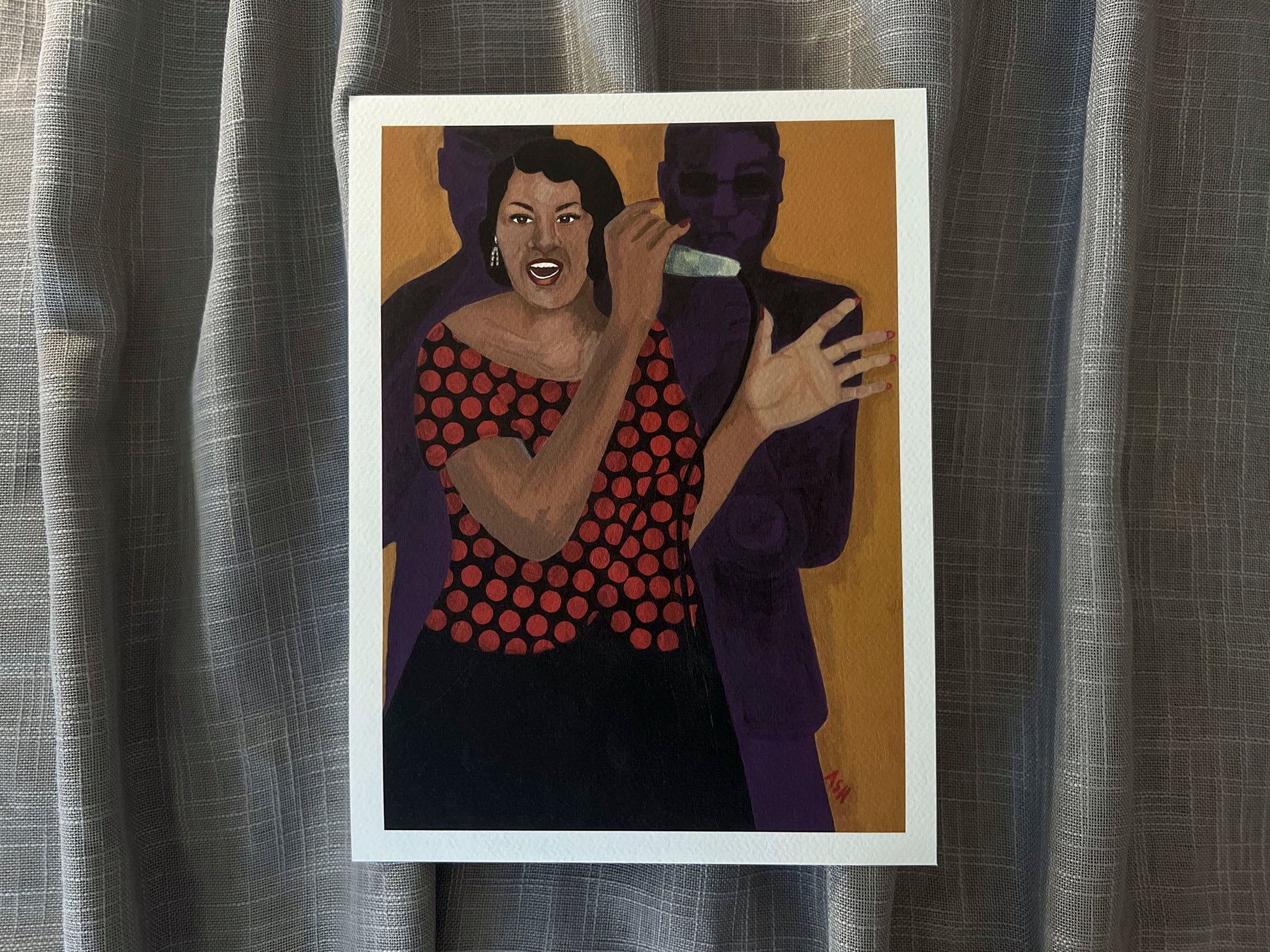 African American Artwork about Jazz ' Jazz Singer' by Antionette simmons Hodges shown of gray fabric