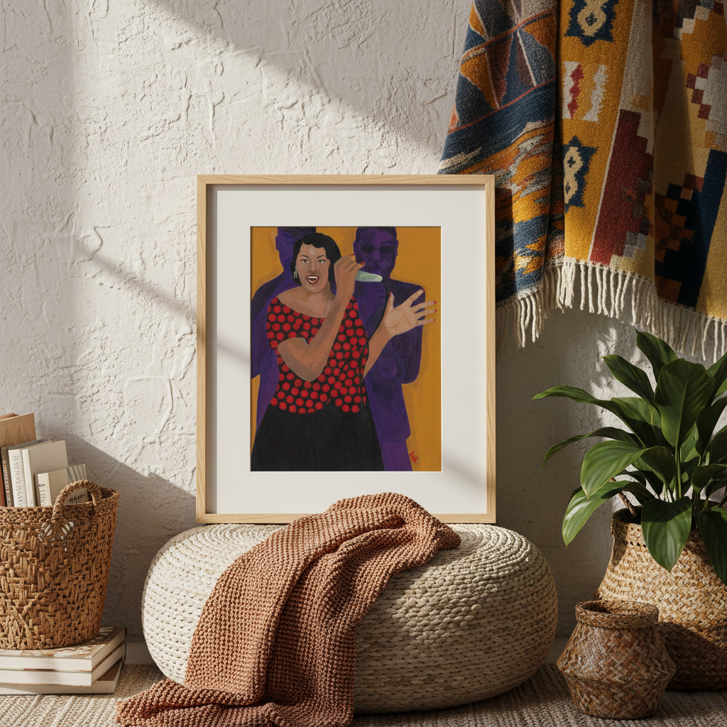Jazz Singer giclee print in a sunlit boho nook, natural frame — Black jazz vocalist art