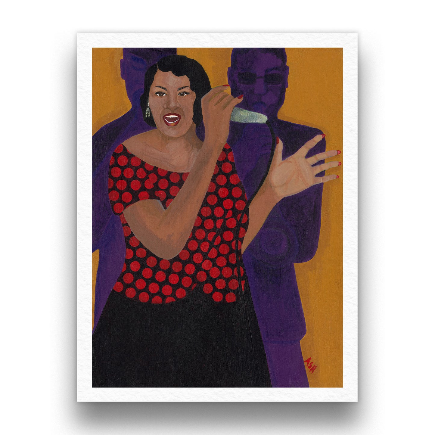 Black art print 'Jazz Singer' by Antionette Simmons Hodges. Depicts an African American woman in a red polka-dot dress, passionately singing with a microphone, surrounded by purple silhouettes of musicians, capturing the vibrant essence of jazz.