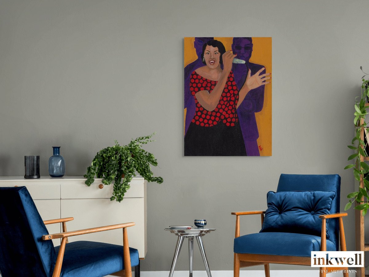 'Jazz Singer' art print: African American woman in a red polka-dot dress, passionately singing with one hand raised and holding a microphone, accompanied by silhouetted musicians against a vibrant orange and purple background. on a wall above 2 blue lounge chairs