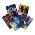 Set of six jazz greeting cards featuring artistic illustrations of musicians on a white background.
