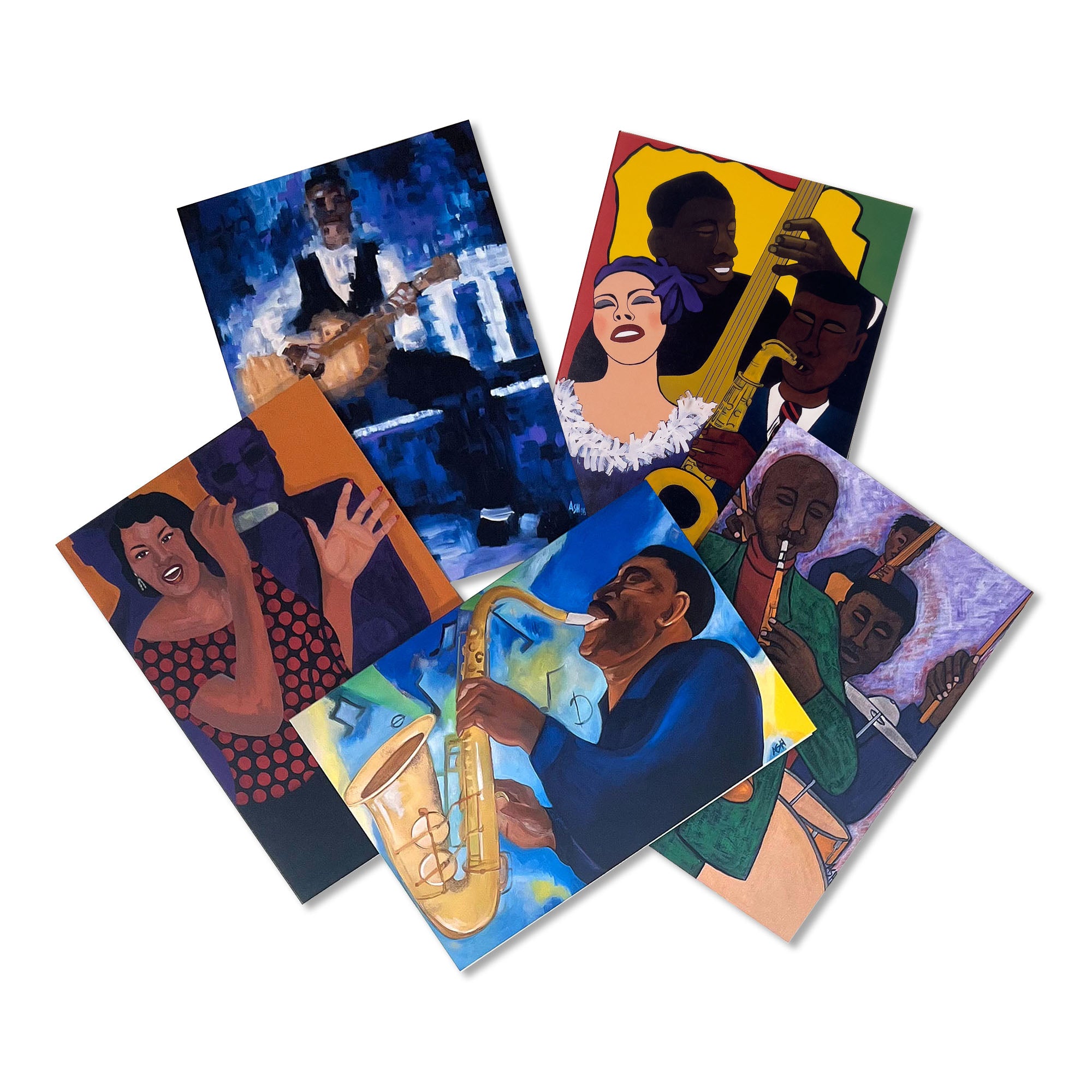 Set of six jazz greeting cards featuring artistic illustrations of musicians on a white background.