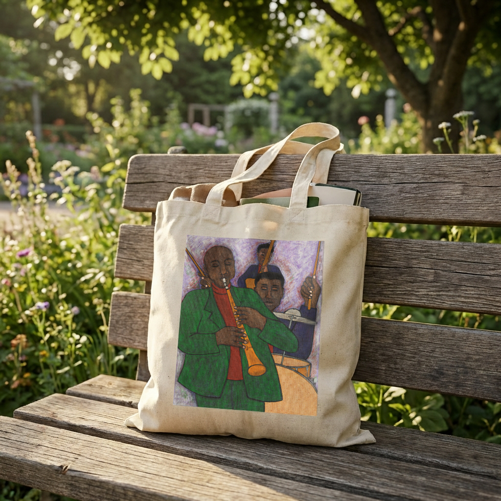 Jazz Art Tote Bag close-up showing Three Musicians design detail and cotton canvas texture