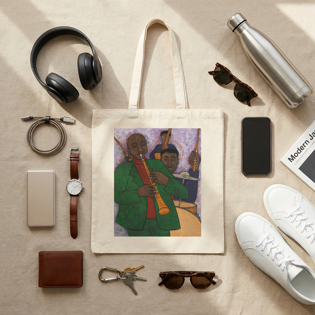 Jazz Art Tote Bag front view featuring Three Musicians Black music artwork on cotton canvas