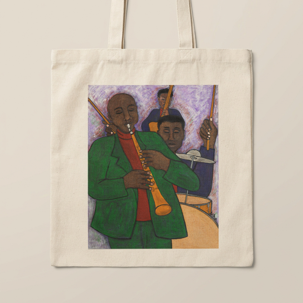Three Musicians tote bag lifestyle shot — jazz art gift for music lovers by Black artist