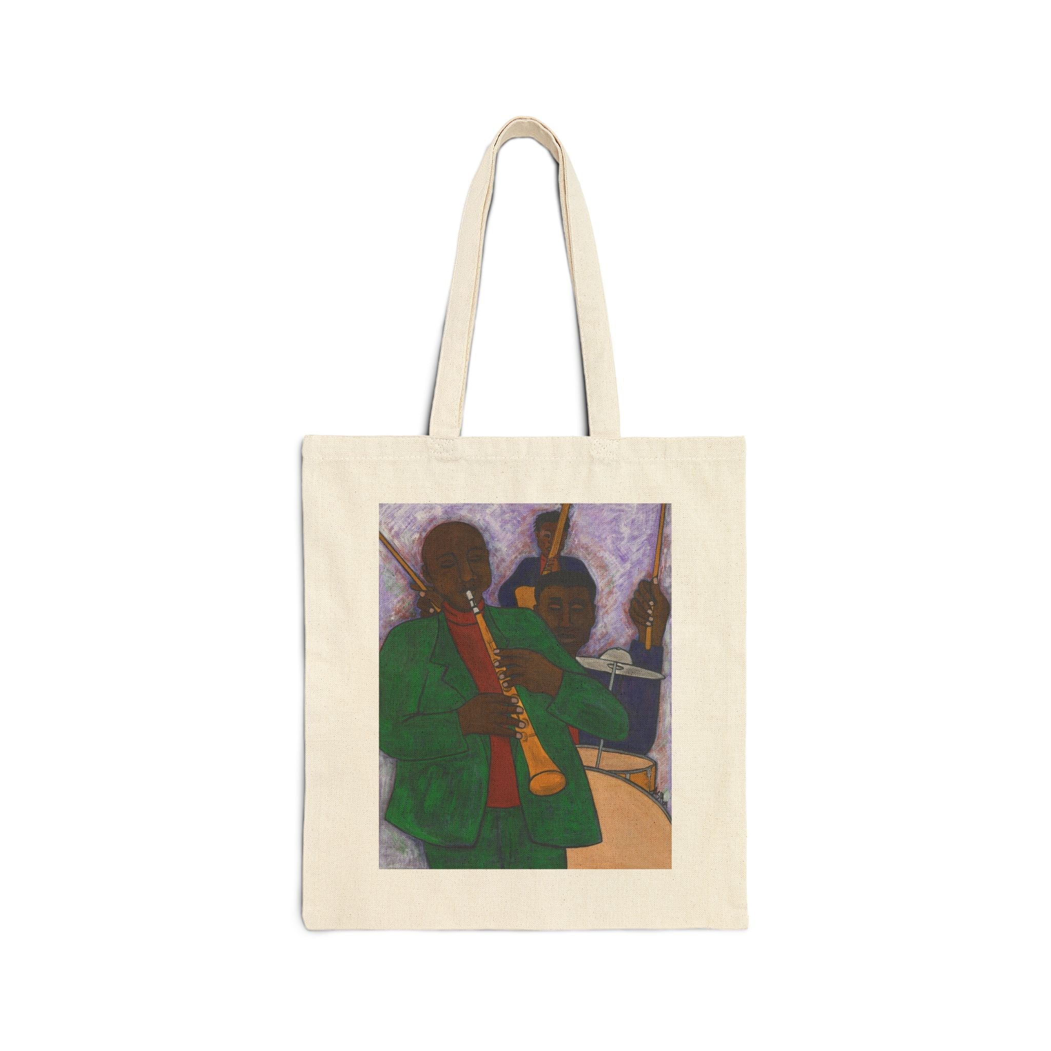 Three Musicians Jazz tote bag poolside lifestyle flatlay — Black art on cotton canvas