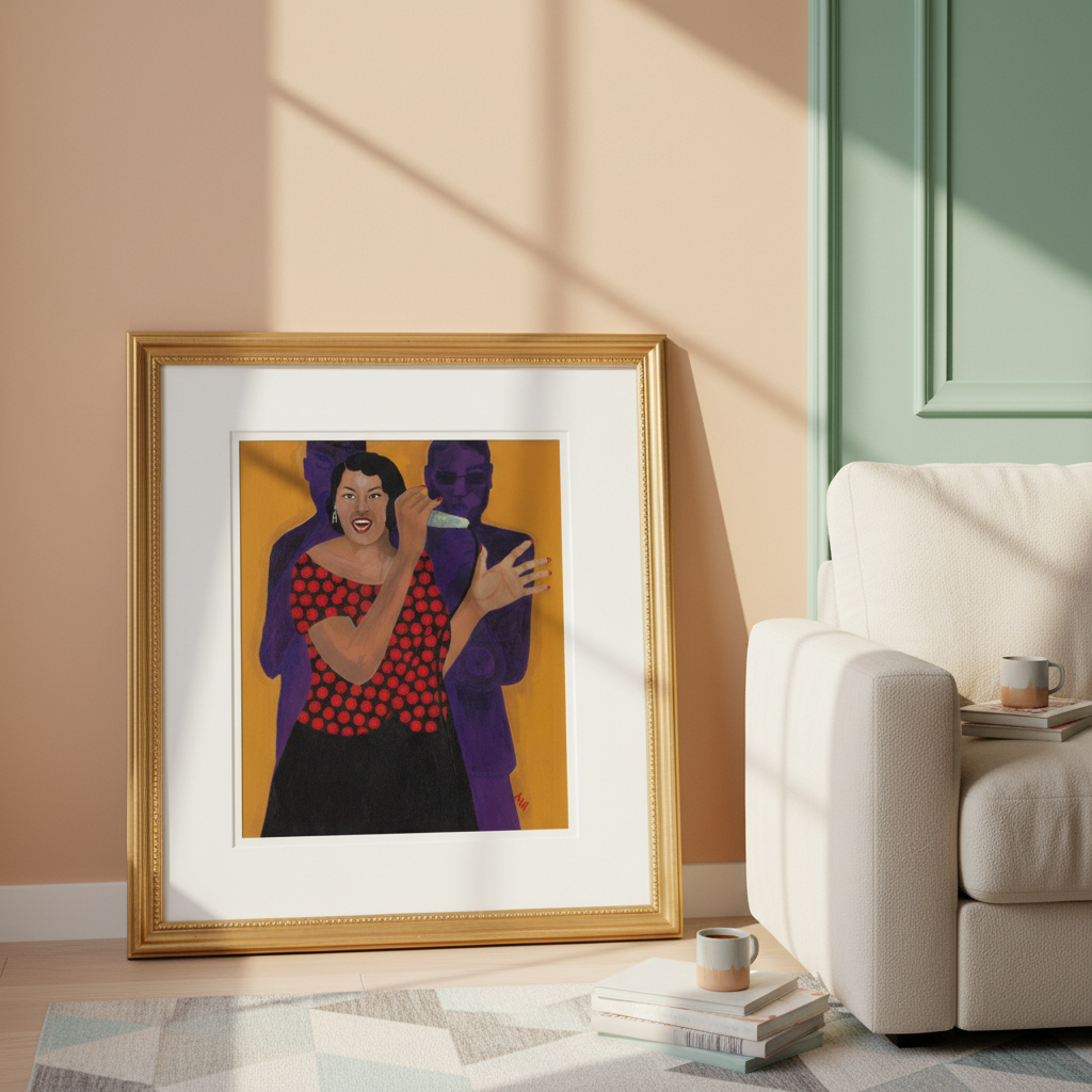 Framed artwork of two people embracing on a wall in a living room.