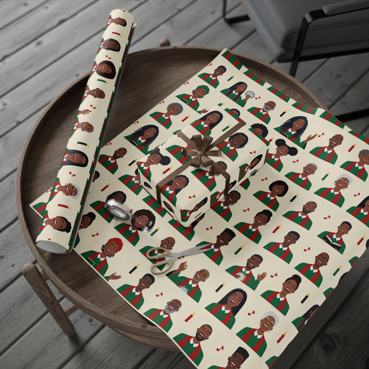 Kwanzaa Choir wrapping paper in Cream, lifestyle photo