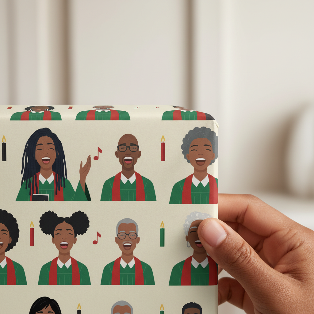 Kwanzaa Choir wrapping paper in Cream, lifestyle photo