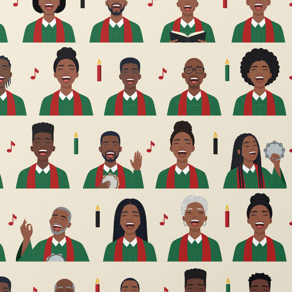 Kwanzaa Choir wrapping paper in Cream, pattern close-up