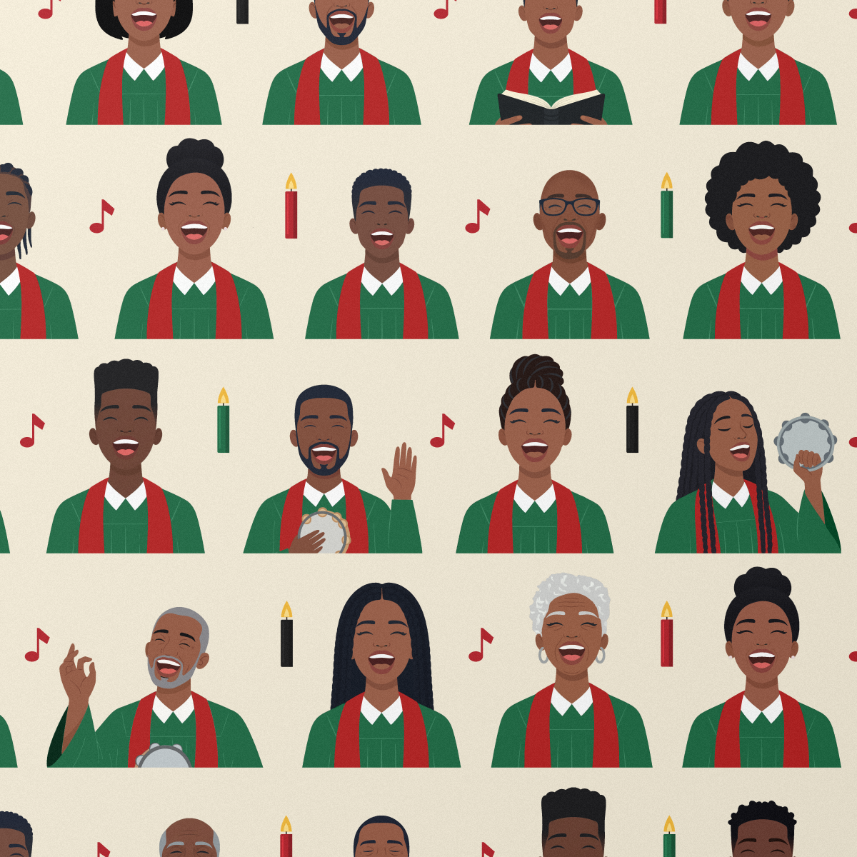 Kwanzaa Choir wrapping paper in Cream, pattern close-up