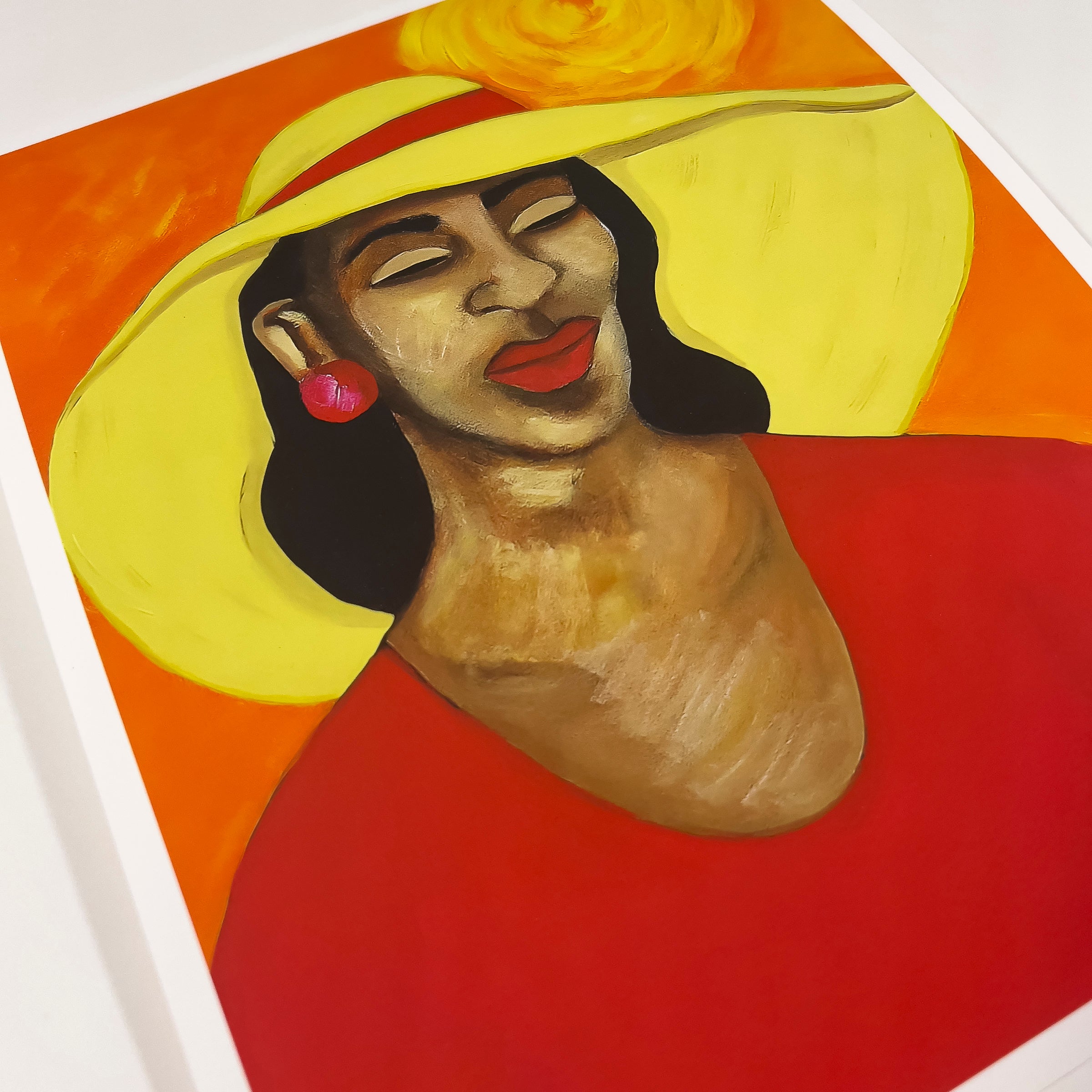 Lady in Red giclee print — lifestyle view, Black woman red dress art by A.S. Hodges
