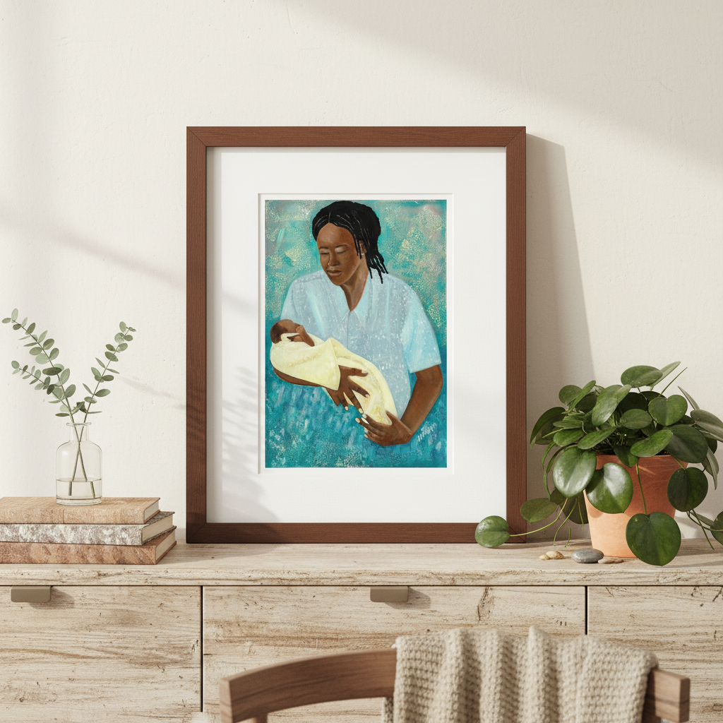 Black Mother and Baby Art | Maternal Love Wall Art - Loving Arms Fine Art Print