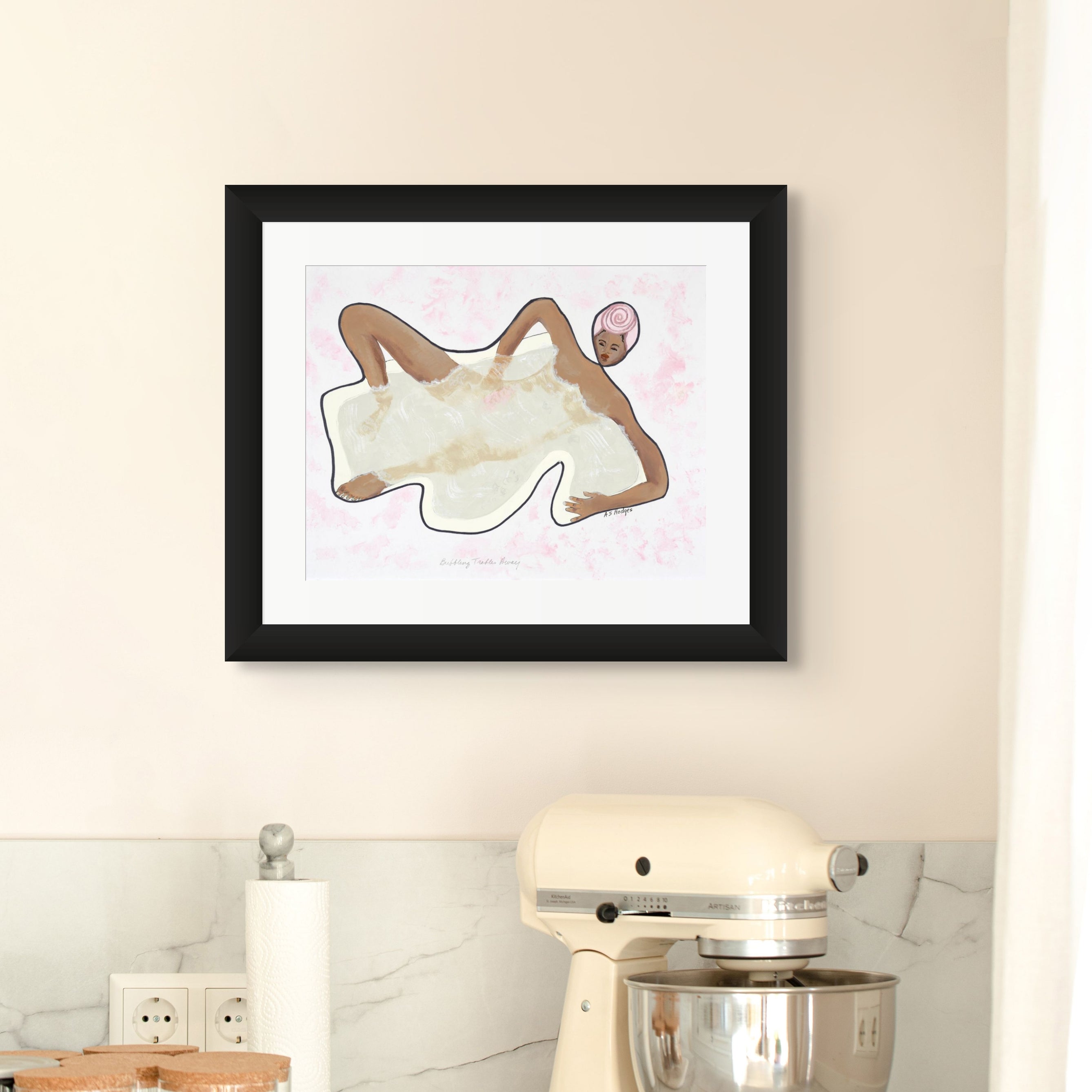 Bubbling Troubles Away - Self-care Artwork - print framed in black on bathroom wall