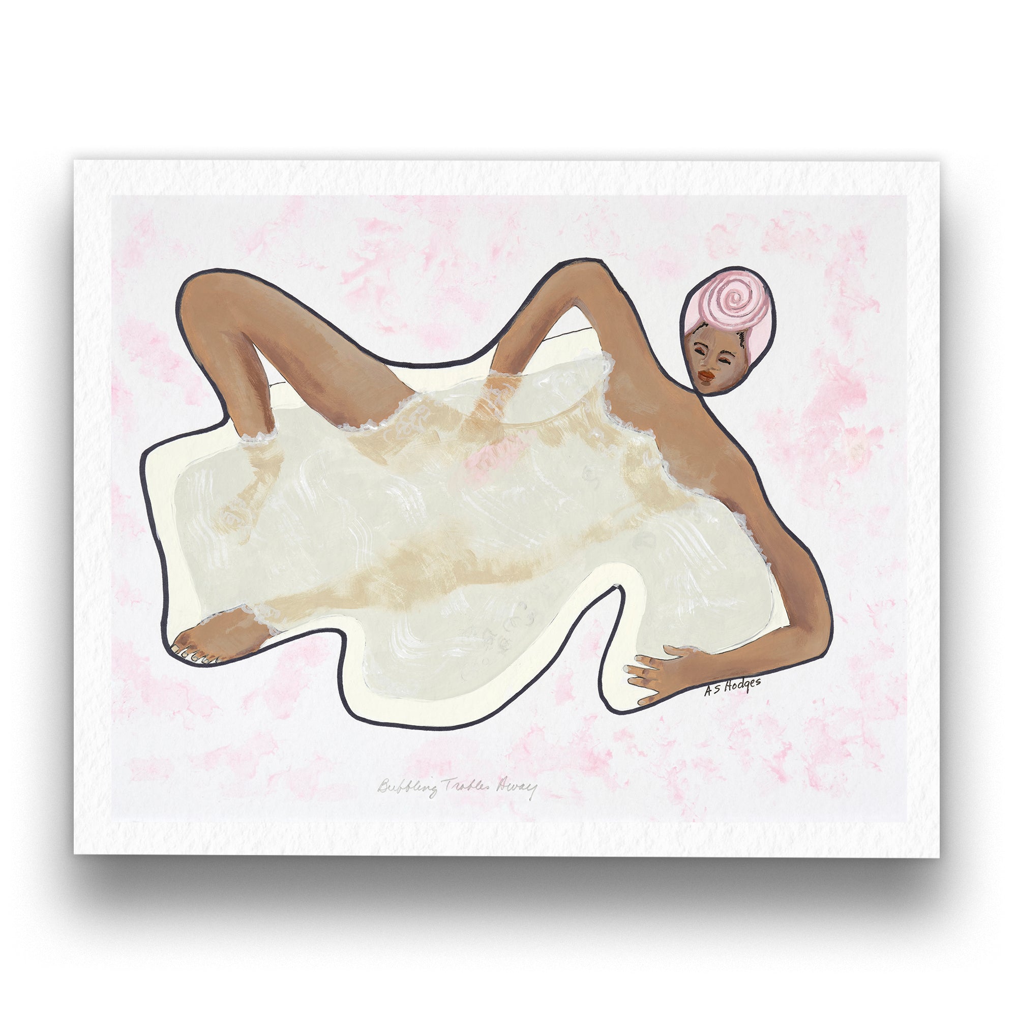 Bubbling Troubles Away - Self-care Artwork - orint on white background with shadowing
