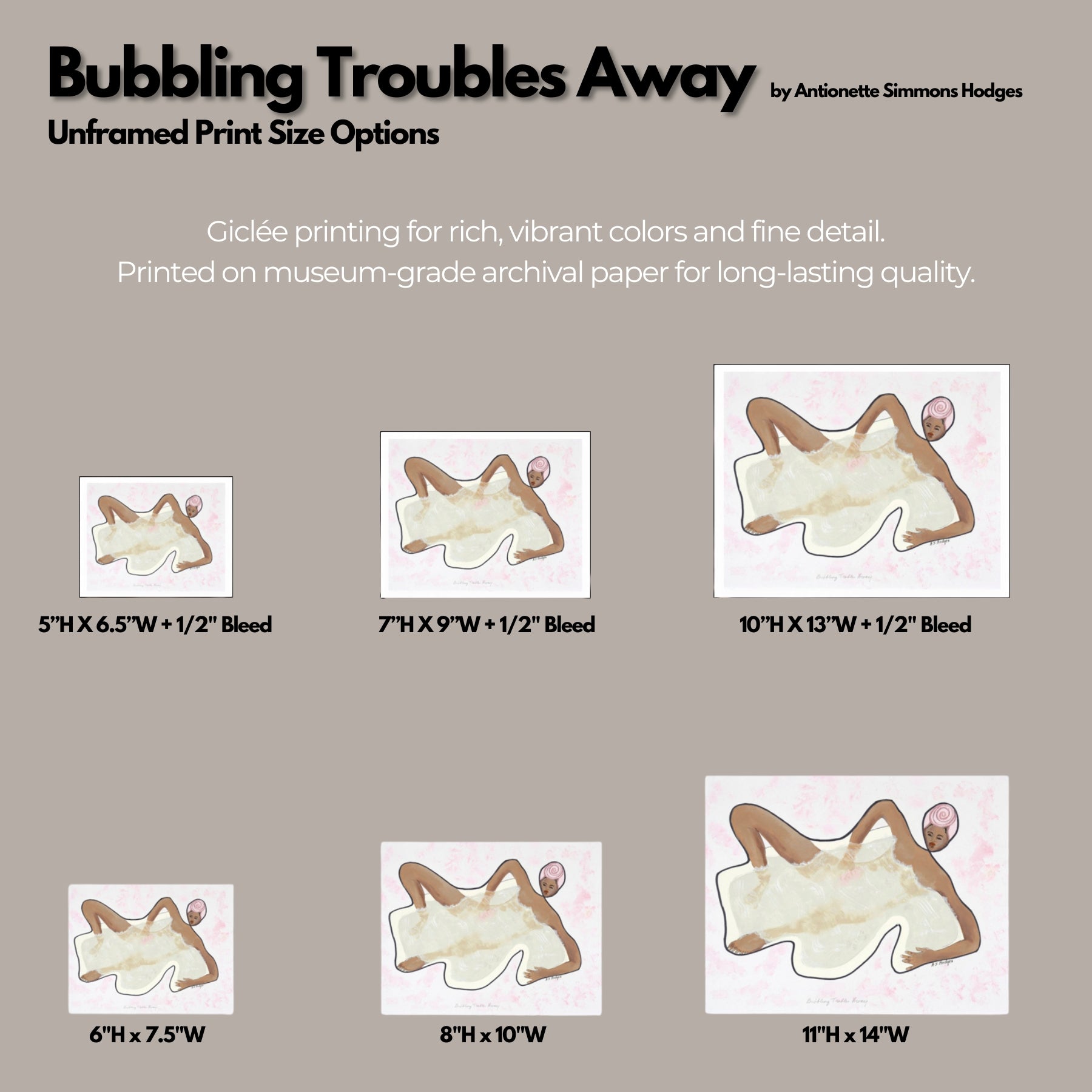 Bubbling Troubles Away - Self-care Artwork - available unframed print sizes showing scale
