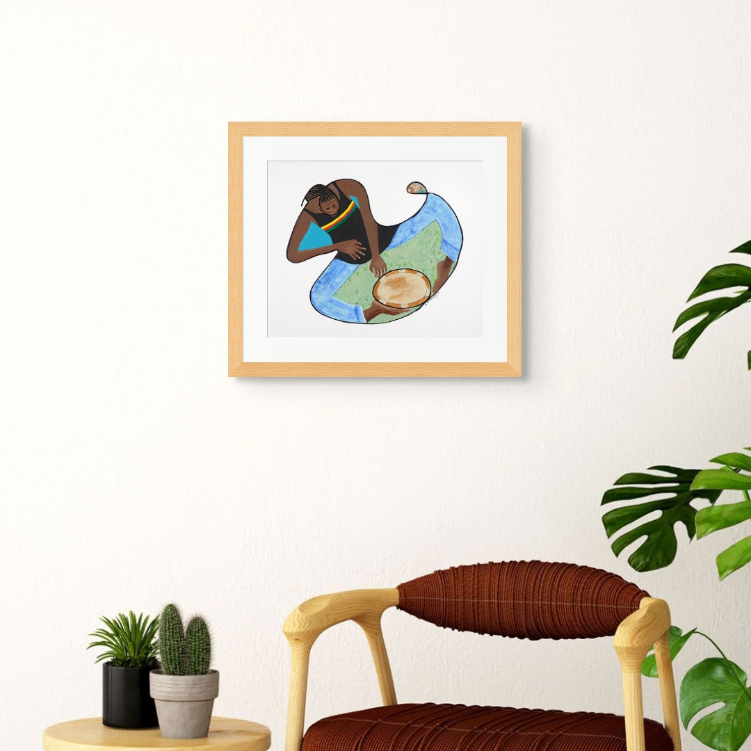 Rasta With Drum and Conch - Continuous Line rastafarian music art print - hung on a wall above plants in oak frame