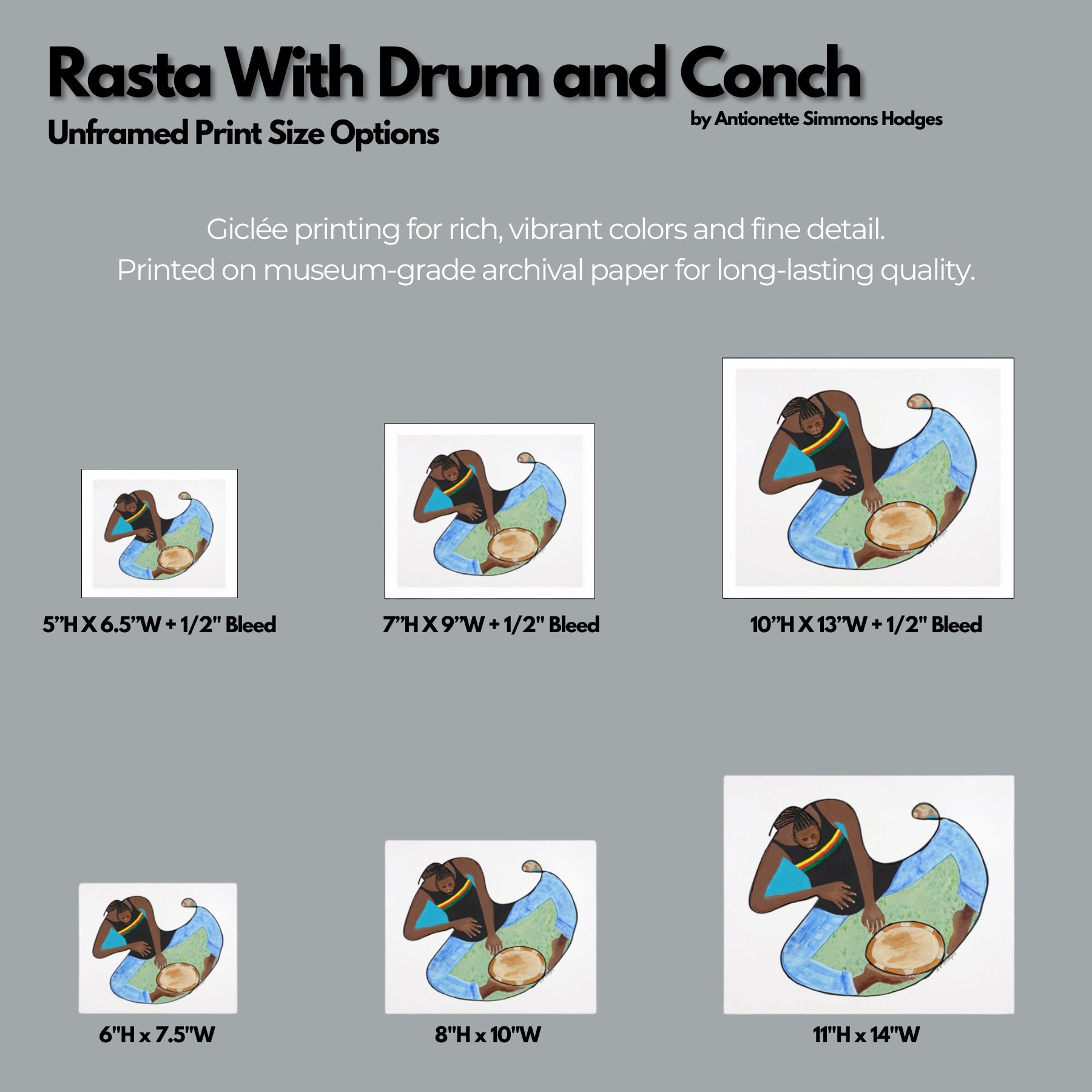 Rasta With Drum and Conch - Continuous Line rastafarian music art print - shows scale of unframed prints