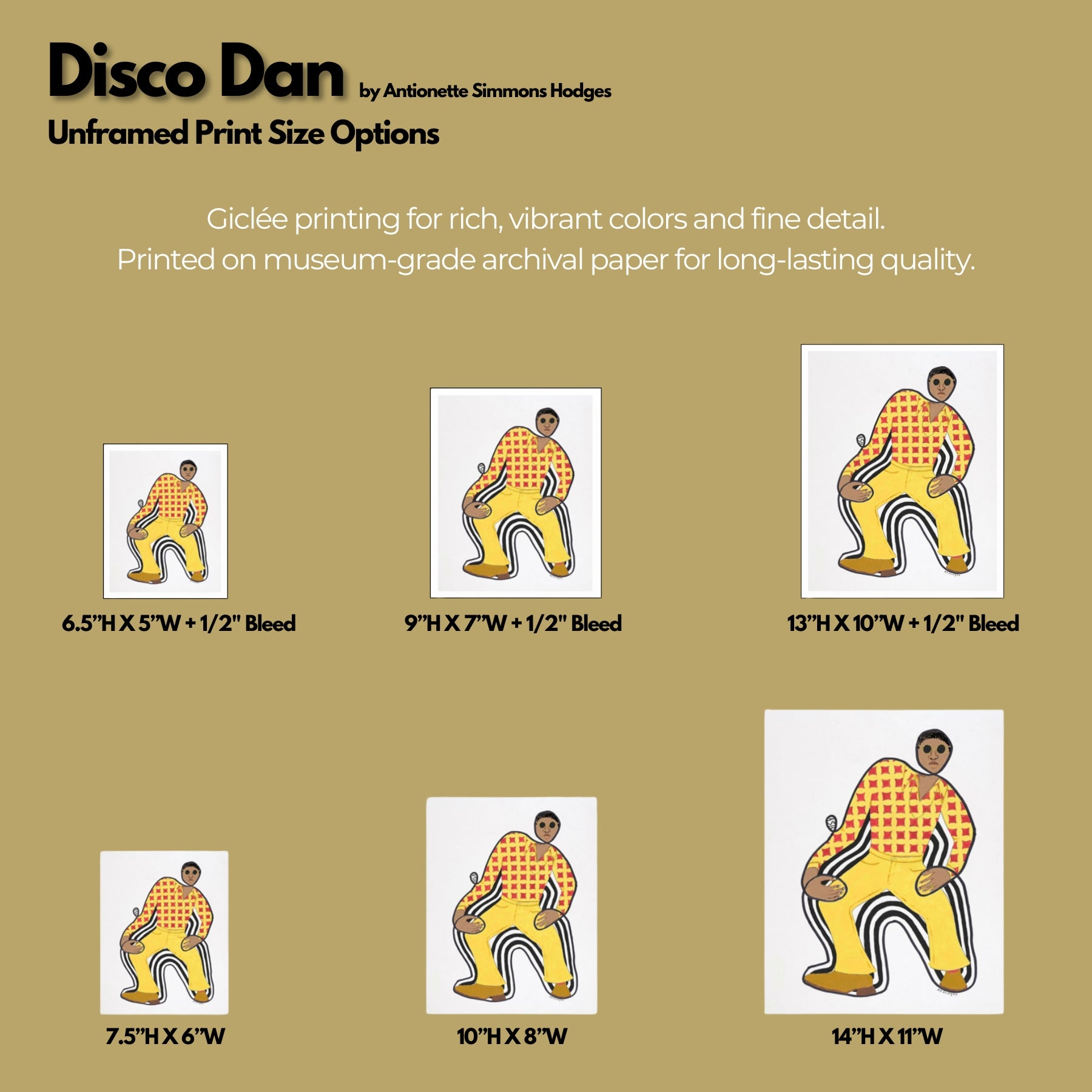 Disco Dan - Continuous Line Fine Art Print -Black Retro Fashion Art - shows scale of unframed prints