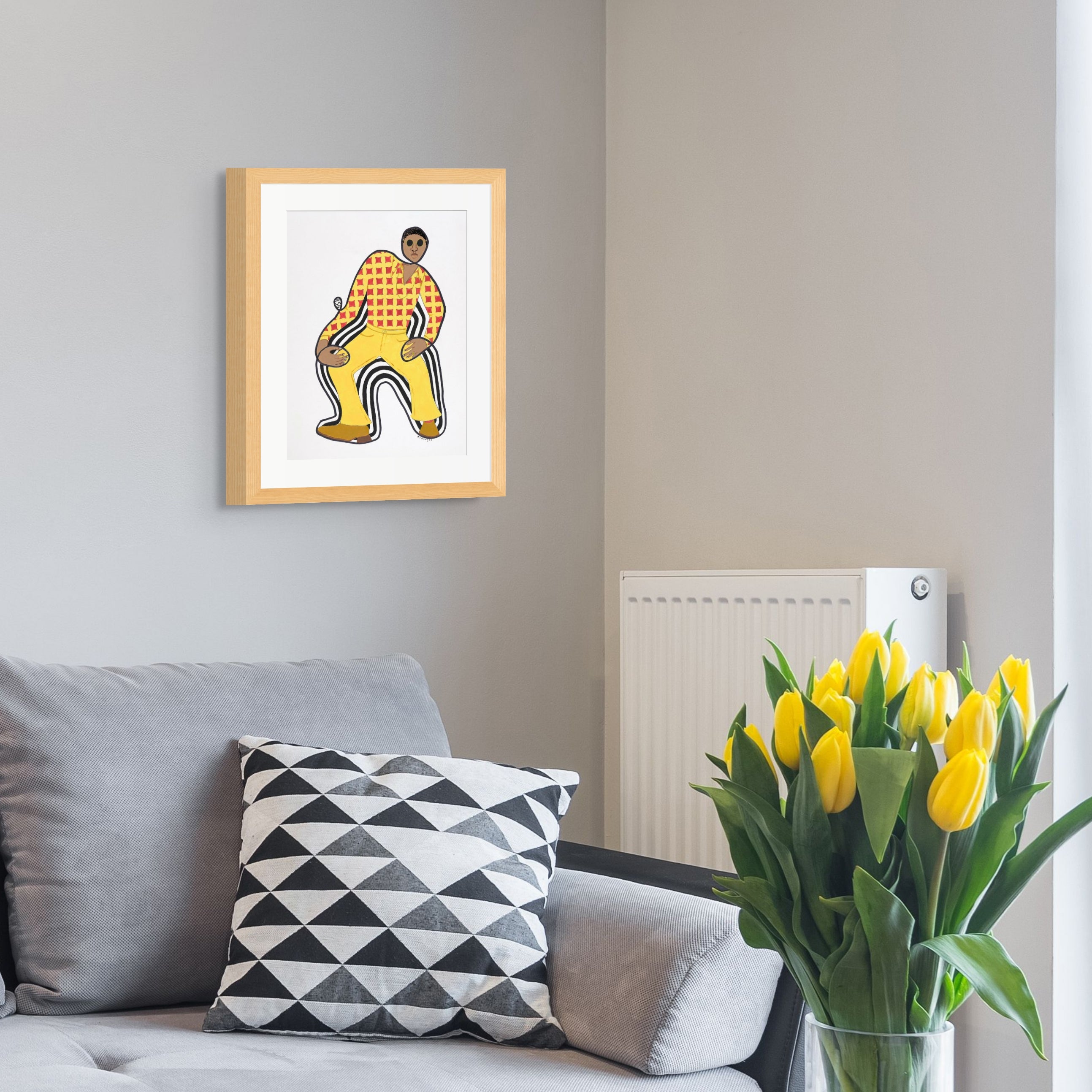 Disco Dan - Continuous Line Fine Art Print - Black Retro Fashion Art - oak framed print