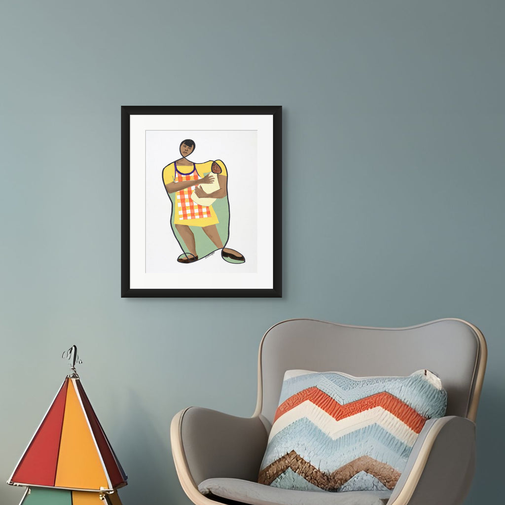 Mama's Little Baby - Continuous Line Fine Print - Black Motherhood Art - framed in black - art for nursery