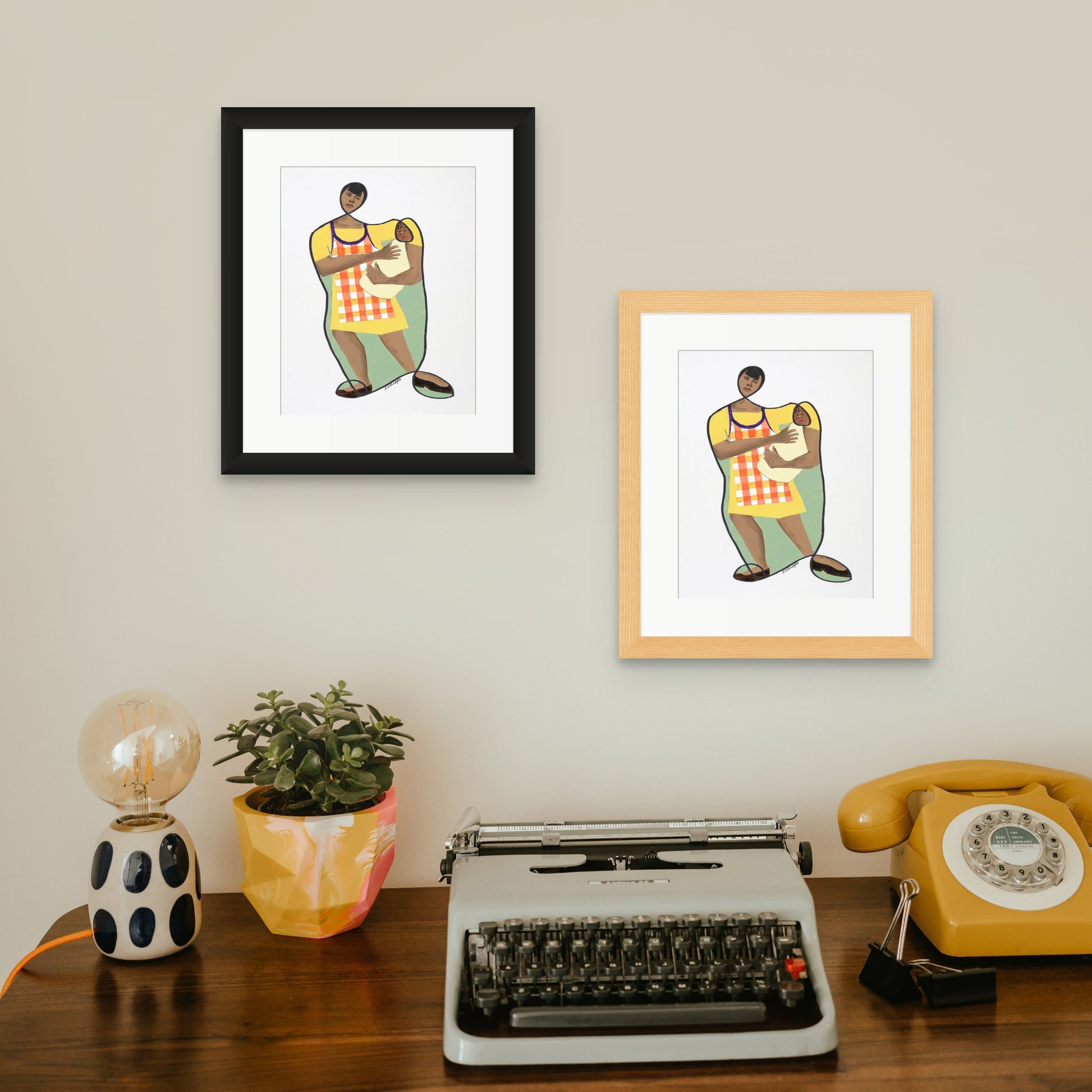 Mama's Little Baby - Continuous Line Fine Print - Black Motherhood Art - framed in black and oak