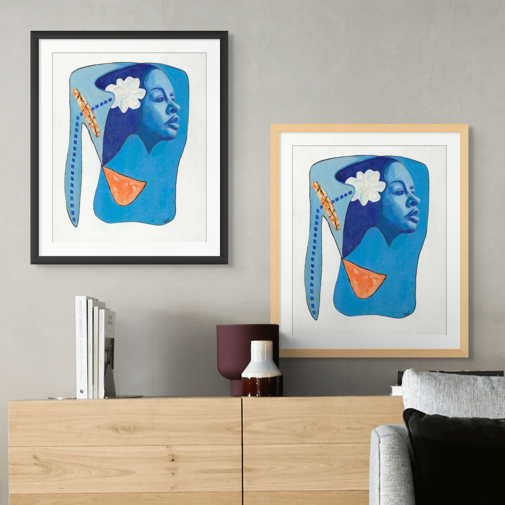 Billie's Blues - Continuous Line Fine Art Print -  Billie Holiday art - shows black  and oak framed options of print